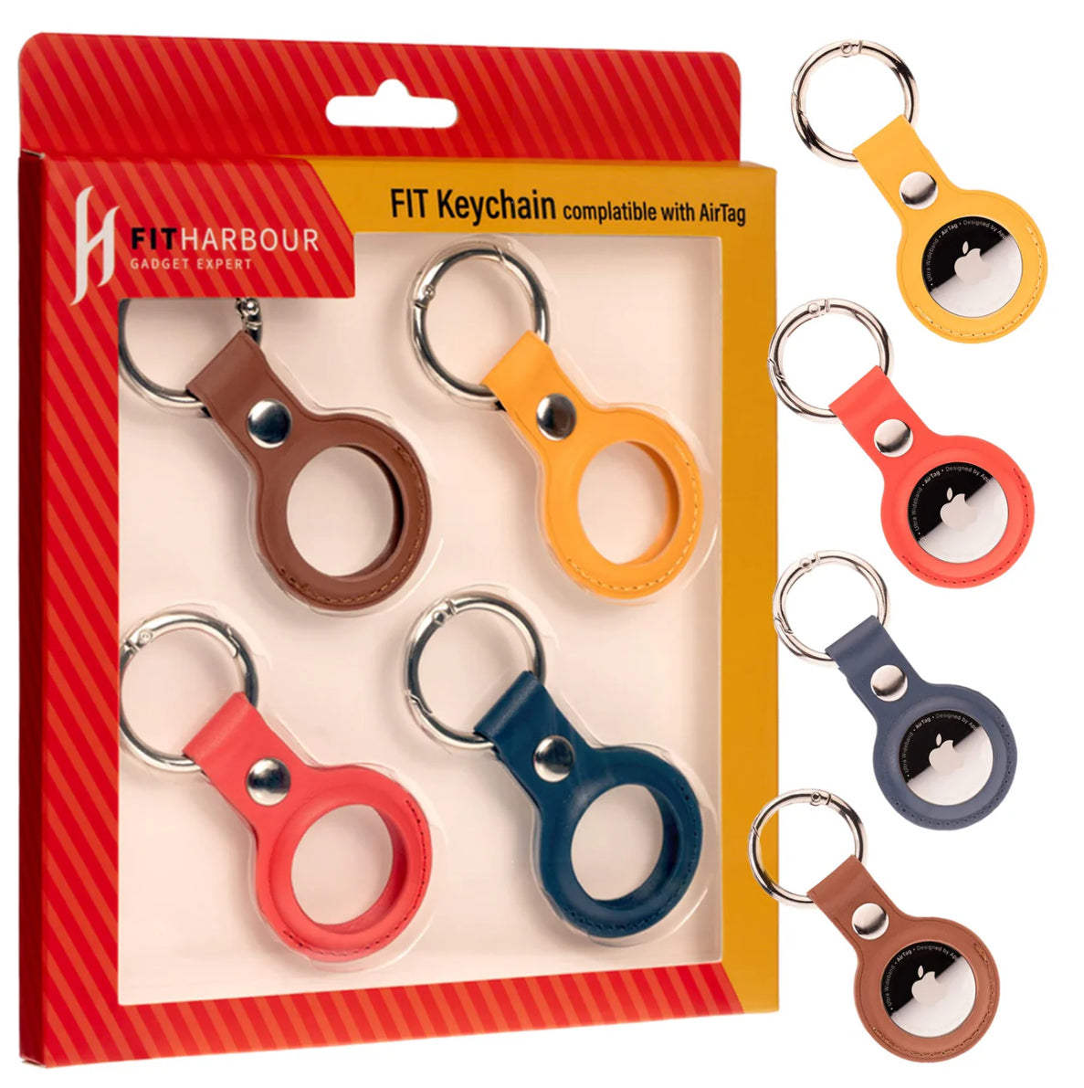 Apple AirTag 4-Pack PU Leather Key Ring Protective Holder, Protective Case