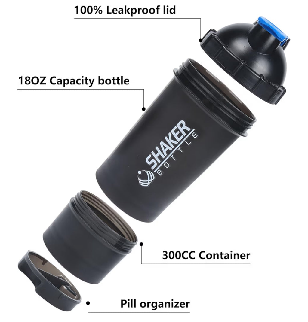 Protein Shaker Bottle,18oz Gym Shaker Cup with Protein Powder Storage & Pill Tray