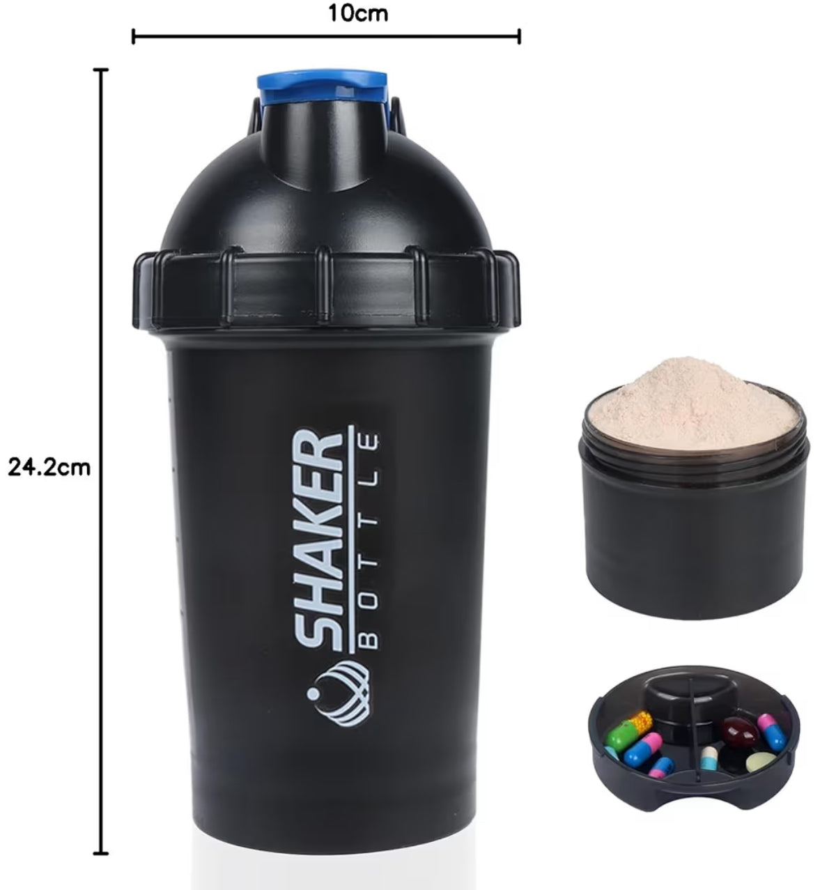 Protein Shaker Bottle,18oz Gym Shaker Cup with Protein Powder Storage & Pill Tray
