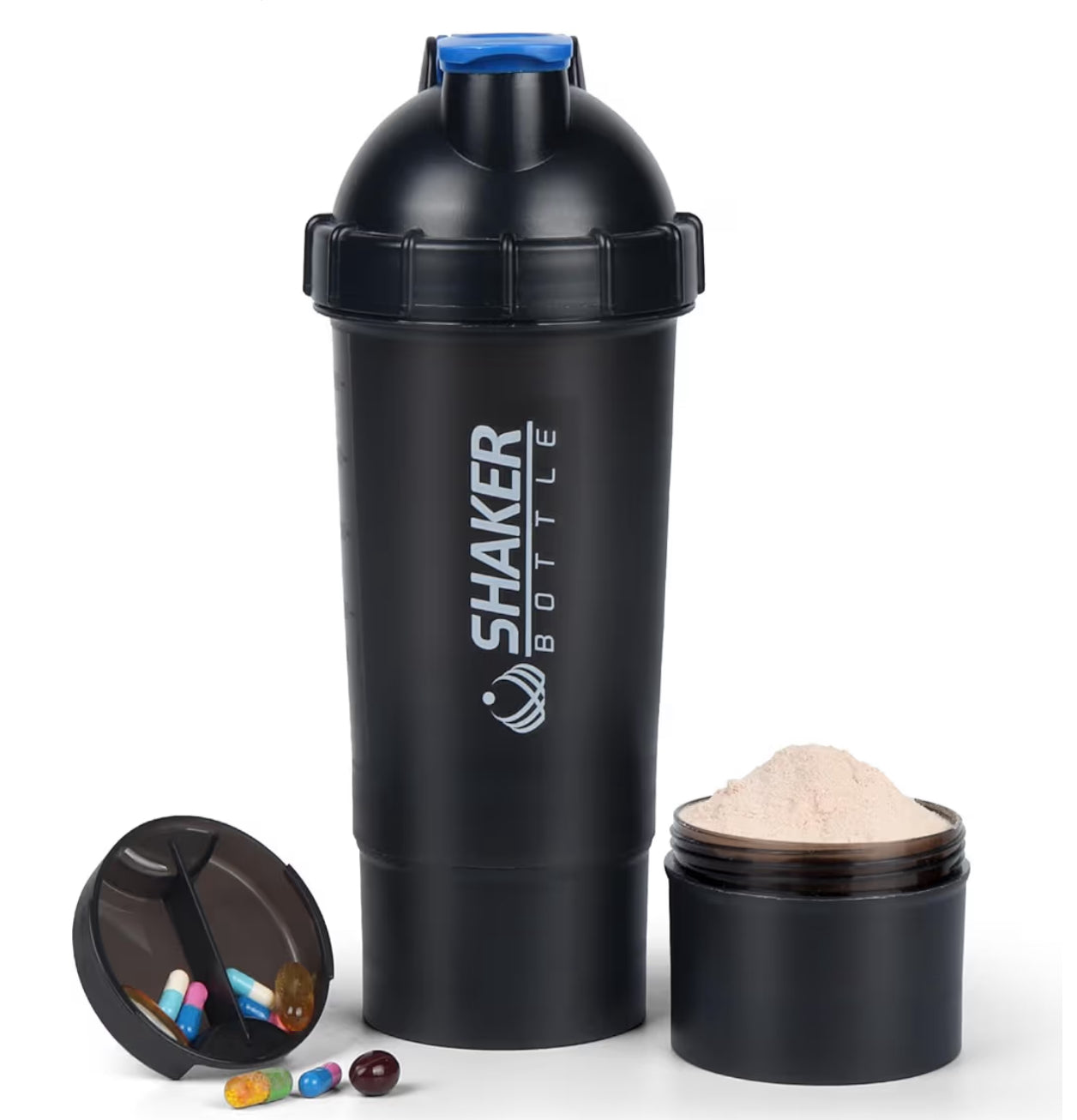 Protein Shaker Bottle,18oz Gym Shaker Cup with Protein Powder Storage & Pill Tray